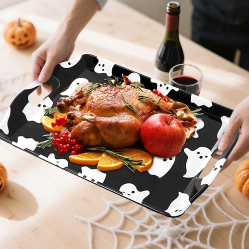 JarThenaAMCS 4 Pcs Halloween Ghost Serving Tray Black White Cute Ghost Handled Melamine Board Trick or Treat Serving Platter for Home Party Food Supplies