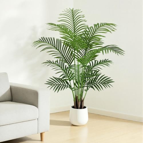 4ft Artificial Palm Tree Tall Faux Palm Tree Indoor Large Fake Plants with 12 Trunks Artificial Plants with White Pot