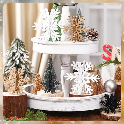 Bucherry 12 Pcs Wooden Snowflakes Table Decor,White, Gold, Black