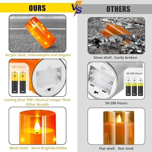 NURADA 3"x6"Flickering Flameless Candles: Built-in Star String Lights 3D Wick Battery Operated LED Pillar Candles with Remote and Timer for Halloween Thanksgiving Dinner Tables Home Fall Decor Orange