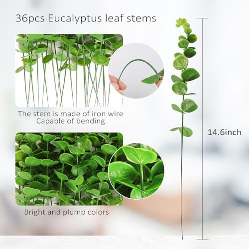 RECUTMS 36Pcs Artificial Tender Green Eucalyptus Leaves Stems 14.6 inch