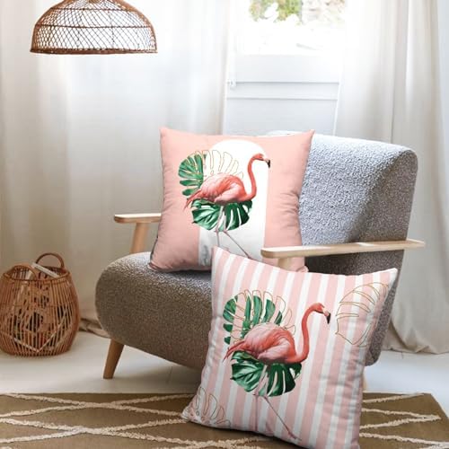 2 Pcs Flamingo Pillow Cases Pink and White Striped Geometric Arch Flamingo Pattern Pillowcase 16x16 Inch Summer Tropical Palm Leaf Outdoor Cushion Cases for Farmhouse Living Room Decor