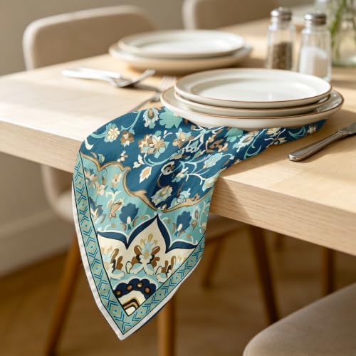 Teal Boho Floral Print Dinner Cloth Napkins Set of 4, 18 x 18 Inch Washable Reusable Fabric Napkins, Gifts for Bohemian Style Lovers, Wedding Bridal Shower Dinner Party Table Decor
