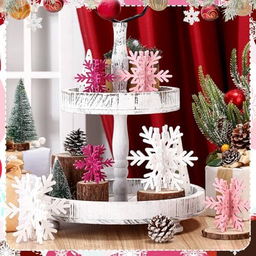 Bucherry 12 Pcs Wooden Snowflakes Table Decor,White, Pink, Rose Red