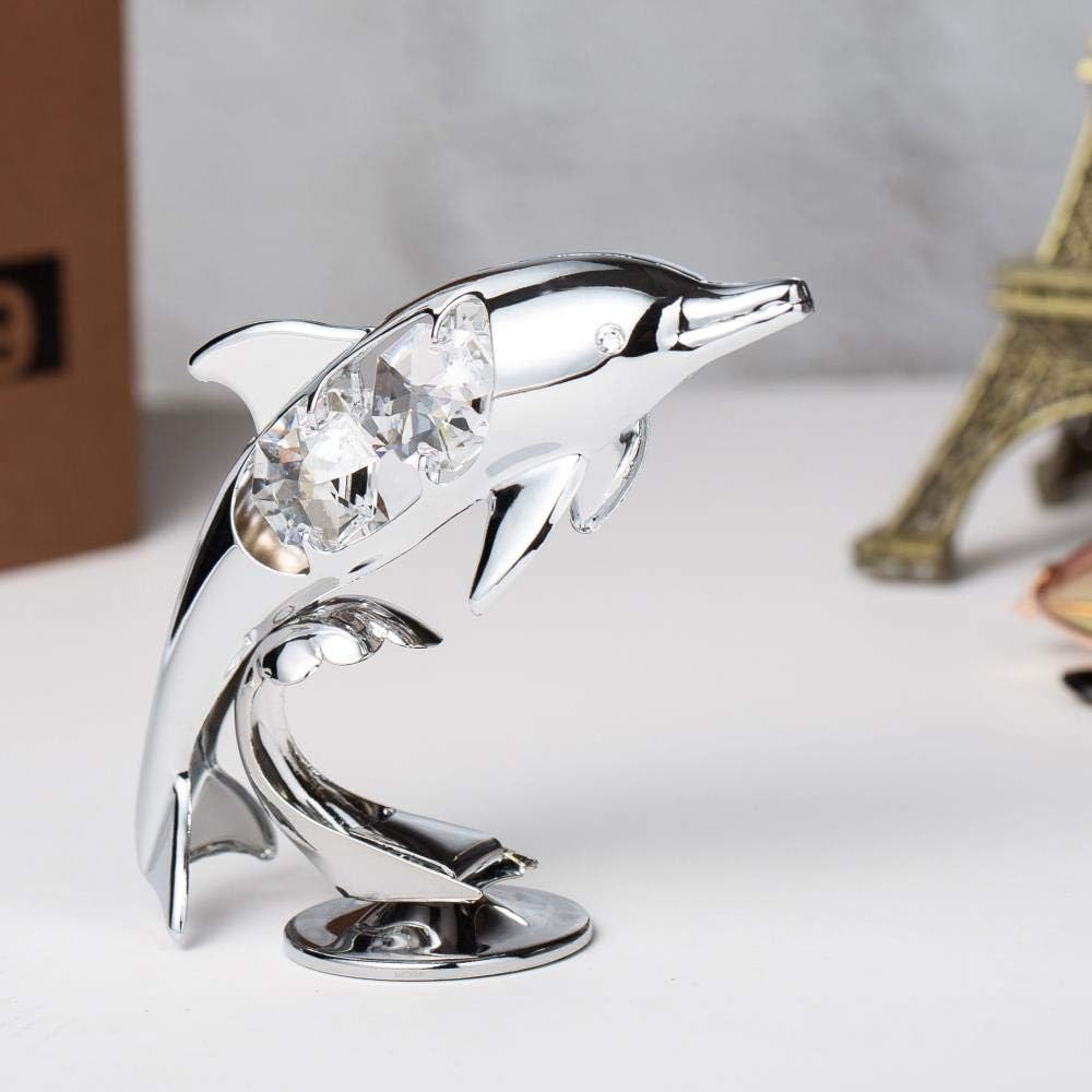 Chrome Plated Crystal Studded Dolphin Riding Wave Figurine Tabletop Ornament Decorative / Silver