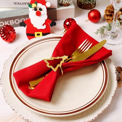 Christmas Napkin Rings Set of 12, Gold Christmas Tree Napkin Holder Rings with Hollow Tree Designe for Xmas Party Family Gatherings Home Kitchen Dinner Table Setting