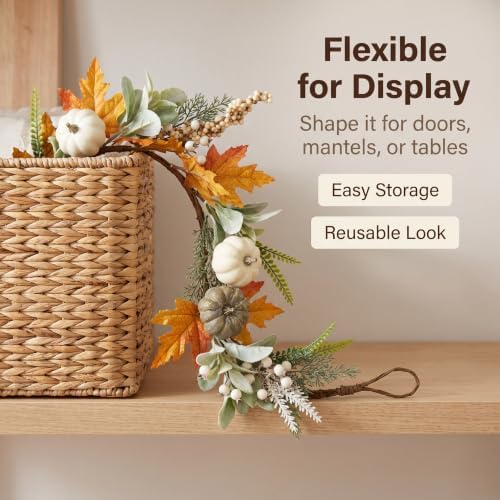 JINGHONG 6FT Fall Garland for Mantle with Pumpkins Berries Lamb Ears Leaves Thanksgiving Vine Pumpkin Garlands for Autumn Harvest Table Centerpieces Fall Decorations for Home Porch Fireplace Decor