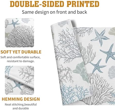 Summer Linen Placemats Set of 4 Nautical Coastal Theme Washable Non-Slip Heat Resistant Table Place Mat 12×18 Inch Ocean Beach Blue Grey Coral Starfish Place Mats for Kitchen Dining Table