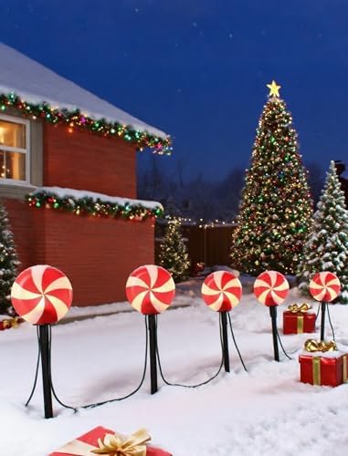 10.5FT Christmas Pathway Lights, 5PK LED Candy Cane Yard Stake Lights