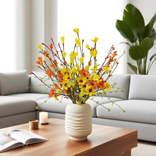 RHN Fall Decorations for Home,6 Pcs Fall Flowers Artificial with Daisies Forsythia Flowers Berry Leaf Stem for Autumn Harvest Thankgiving Home Table Vase Centerpiece Decor（Yellow Orange）