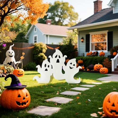 YiYa Halloween Garden Decorations Metal Halloween Ghost Yard Signs with Stake Metal Ghost Stakes with Glow in The Dark for Outdoor Lawn Decor Yard Garden Decor