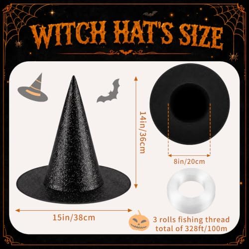 RattanView 12 Pcs Halloween Witch Hats Glitter Hanging Witch Hat,Black