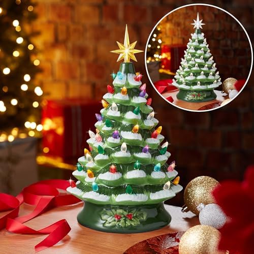 Casafield Hand Painted Ceramic Christmas Tree, Green Snow Flocked 15-Inch Pre-Lit Tree with 128 Multi-Color Lights and 2 Star Toppers