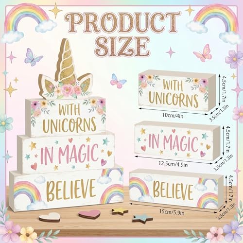 Britimes Tiered Tray Decor Set, 4 Pack, Wooden Table Sign, Unicorn Rainbow