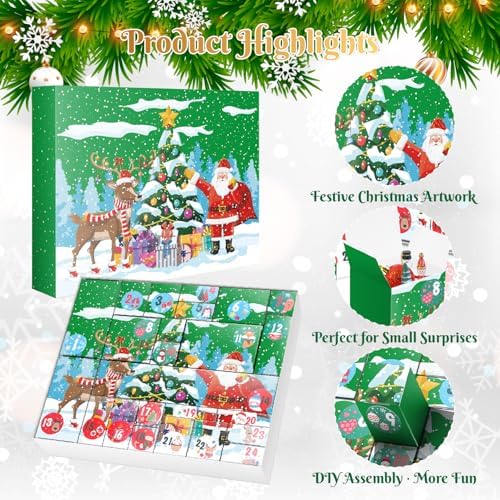 Linelglobal DIY Christmas Advent Calendar to Fill Empty Gift Box Set 2026-24 Days of Surprise Boxes for Kids, Family & Friends - Green