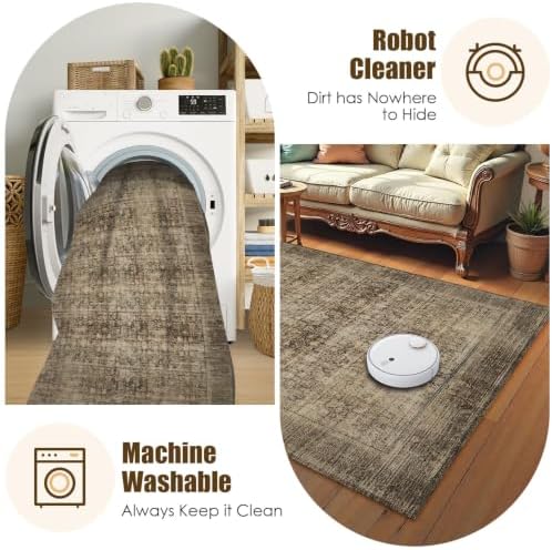 Washable Area Rug 8' x 10' Vintage Traditional Persian Mat - Foldable Distressed Non-Slip Machine Washable Carpet for
