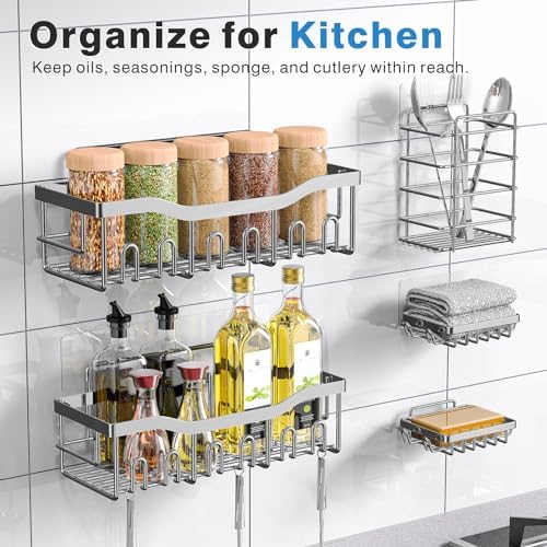 EUDELE 5-Pack Adhesive Shower Caddy Organizer, Large Capacity Rustproof Stainless Steel Shower Shelves, No Drill
