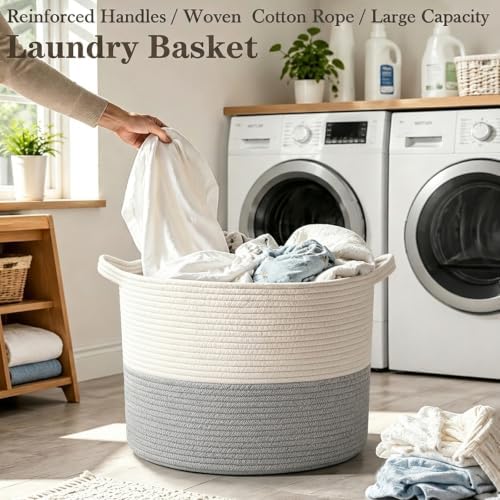 65L Large Blanket Basket,Woven Rope Laundry Basket-White&Grey