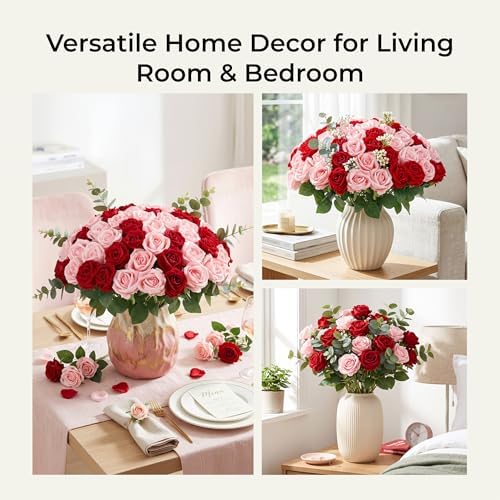 Auihiay 60PCS Artificial Roses, Pink and Red Roses, Velvet Silk Roses