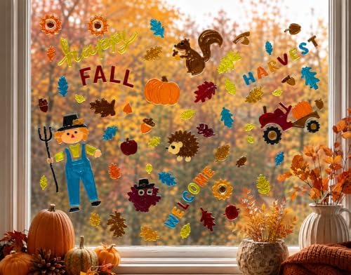 Fall Thanksgiving Window Gel Clings for Glass & Mirrors, 6 Reusable Sheets