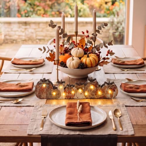 Yousoontic Fall Table Decorations, Light up Pumpkin Table Centerpieces Rustic Wooden Sign Decor with LED Lights 3D Block Pumpkin Decor for Autumn Thanksgiving Harvest Farmhouse Home Mantel Desk Party