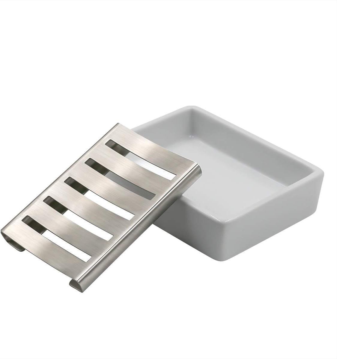 Ceramic Soap Dish Holder Stainless Steel / White