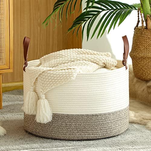 KAKAMAY Large Blanket Basket (20"x13"),Woven Baskets for storage Baby Laundry Hamper,Cotton Rope Blanket Basket for