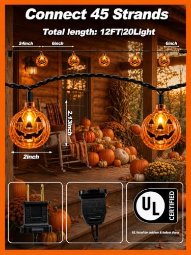 12FT 20 LED Outdoor Halloween Pumpkin String Lights Plug In, Waterproof