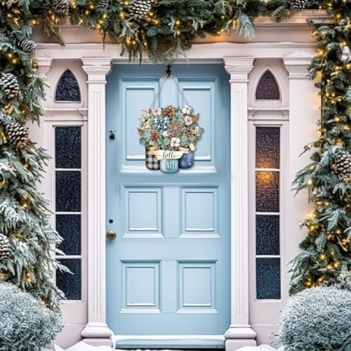 Boao Hello Winter Welcome Door Hanger, Snowflake Wooden Sign Decor
