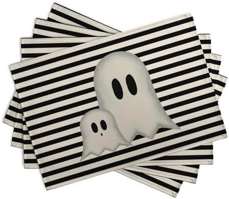 Halloween Ghost Striped 12x18 Placemats Set of 4 Cute Spooky Ghosts Seasonal Linen Farmhouse Table Placemats Heat Resistant Washable Plate Mats for Party Kitchen Dining Decoration