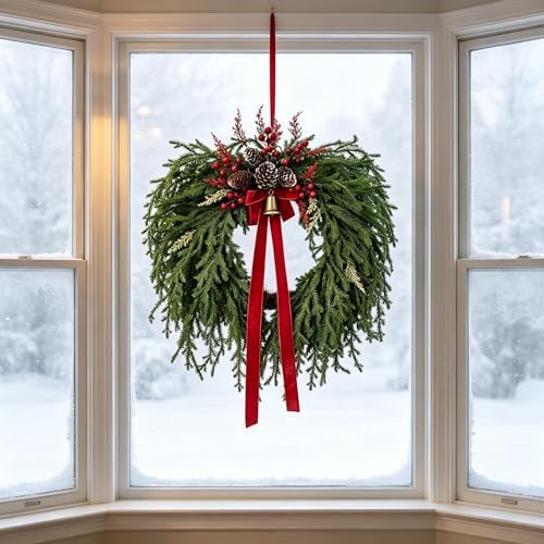 Christmas Wreath for Front Door - Artificial Cedar Winter Wreath with Red Velvet Bow, Golden Bell, Pinecones & Red Berries, Farmhouse Holiday Wreath for Indoor Outdoor Christmas Decorations