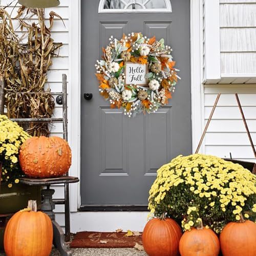 24 inch Thanksgiving Fall Wreath, Autumn Harvest Wreaths for Front Door