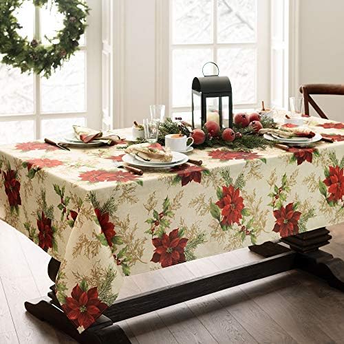 Festive Poinsettia Holiday Fabric Tablecloth, Multicolor - 60" W x 120" L