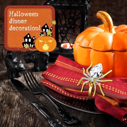 Patelai 6 Pcs Spider Napkin Rings Halloween Metal Spooky Rhinestone Napkin Holder Buckle Serviette Halloween Table Decoration Party Supplies