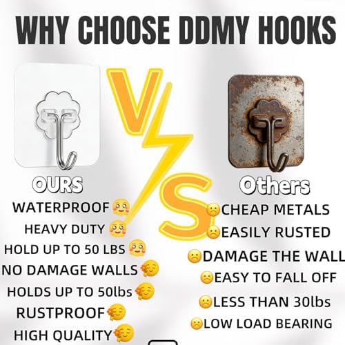 DDMY 100 Pack Heavy Duty Self Adhesive Hooks 50 lbs Transparent Reusable Sticky Wall Hooks for Hanging Waterproof