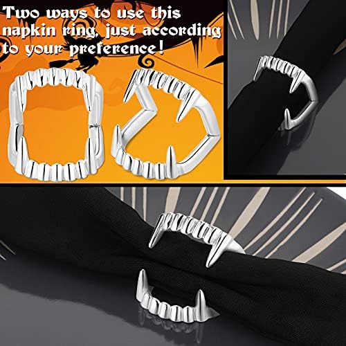 Set of 6 Halloween Napkin Ring Holder Buckle Vampire Fangs Teeth Napkin Rings Metal Alloy Napkin Rings Spooky Napkin Holder Ring Serviette Ring Holders for Halloween Party Dinner Table Decor (Silver)
