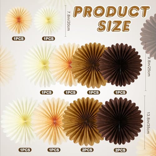 BestoFun 12PCS Paper Fans Brown Neutral Boho Party Decorations Tissue Paper Flowers Paper Fans Party Decorations for Girl Groovy Birthday Baby Shower Wedding Bachelorette Room Wall Hanging Décor