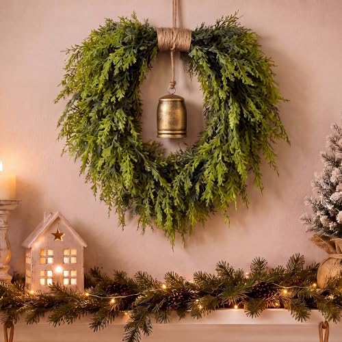 Suncalla Christmas Norfolk Pine Wreath for Front Door with Rustic Bell