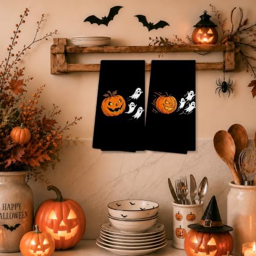 Halloween Pumpkin Ghost Kitchen Towels, Halloween Hand Towels for Bathroom Decor, Funny Spooky Pumpkin Ghost Black Dishcloths Dish Towel for Kitchen 16x24 Inches Set of 2