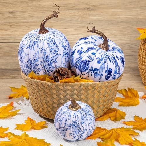 GnFlus Fake Pumpkin Decor 3 Pcs Faux Pumpkins Small Blue and White Velvet Pumpkins Mini Artificial Pumpkin Fall Decorations for Home Table Farmhouse Mantel Halloween Thanksgiving