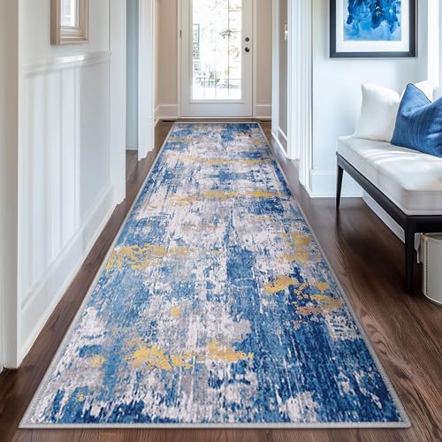 RELEANY Washable Runner 2'x6' Abstract Area Rug for Hallway Blue Gold