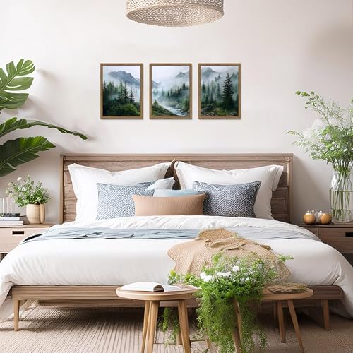 Framed Forest Wall Art Set of 3, Misty Mountain Landscape Canvas Wall Decor Paintings, Nature Tree River Scenery