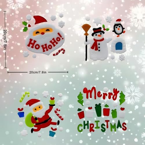Gift&Fun 4sheets Christmas Gel Window Clings, Holiday Decorative Stickers with Santa, Snowman, Snowflakes, 7.9x7.9 Inch(Christmas Window Gel Cling Snowman