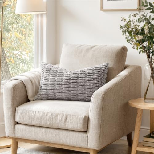MIULEE Lumbar Corduroy Decorative Throw Pillow Covers 12x20 Light Grey