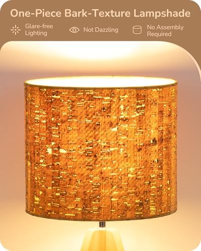 EDISHINE Small Table Lamp, Wood Tripod Nightstand Lamp, Bark Linen Shade