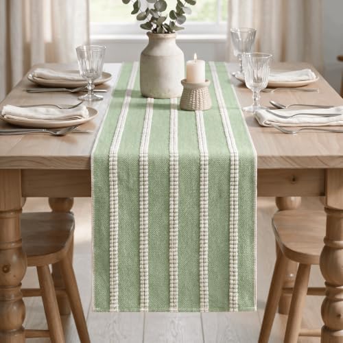 Artoid Mode Sage Green Farmhouse Dashed Stripe Table Runner, Seasonal Holiday Spring Boho Rustic Kitchen Dining Table Decoration for Home Party Decor 12x72 Inch