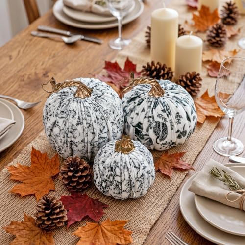 3 Pcs Velvet Fake Pumpkins, Black and White Fall Decor for Home Indoor
