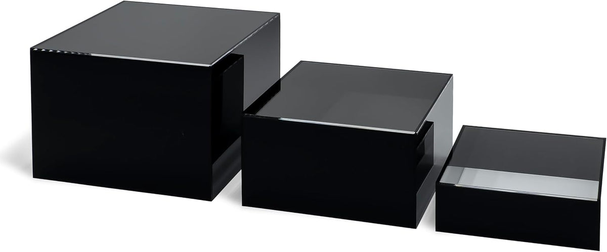 Red Co. Set of 3 Glossy Black / Clear Top Acrylic Cube Display Nesting Risers with Hollow Bottoms