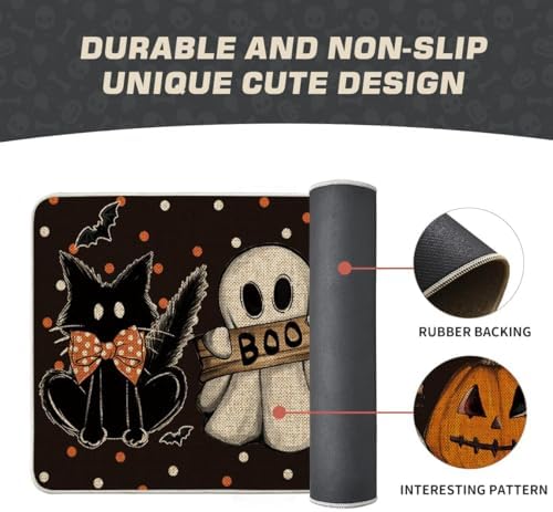 Artoid Mode Black Cat Jack-O'-Lantern Ghost Pumpkins Halloween Doormat, Seasonal Low-Profile Floor Switch Mat for Indoor Outdoor 17x29 Inch