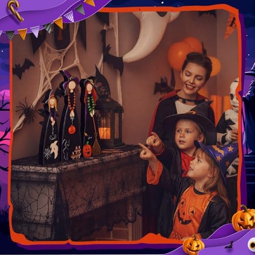 Suzile 3 Pcs Halloween Witch Table Decorations, Wooden Tabletop Figurines